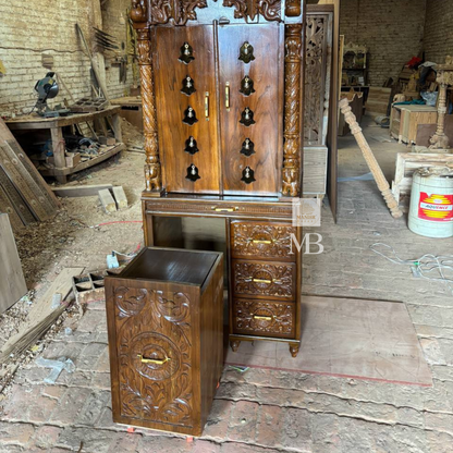 Luxury Handcrafted Wooden Pooja Mandir with Brass Bells & Storage | Solid Teak Wood Temple for Home | Traditional Hindu Temple Cabinet | Walnut Brown Finish