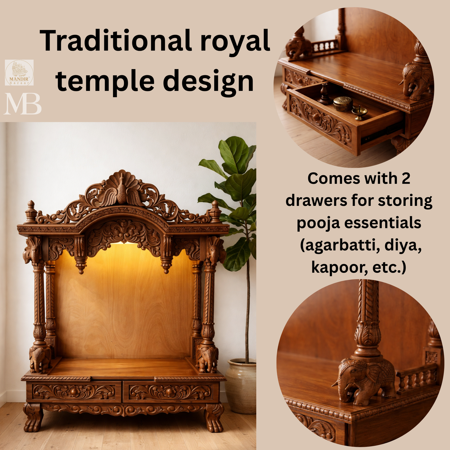Wooden Ganesha Mandir for Home | Luxury Pooja Temple with Storage