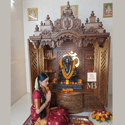 Luxury Handcrafted Wooden Pooja Mandir with OM LED Panel | Solid Teak Wood Temple for Home | Designer Hindu Temple with Side Jali Doors & Storage | Walnut Brown Finish