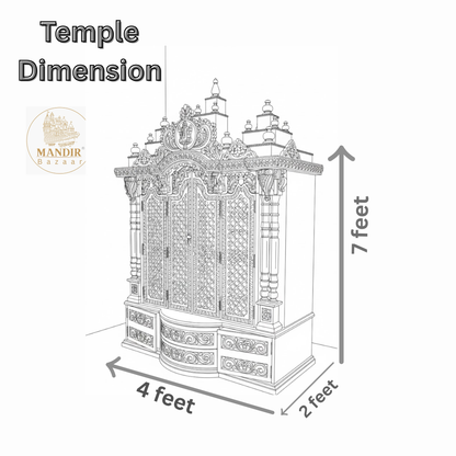 Luxury Handcrafted Wooden Pooja Mandir with OM LED Panel | Solid Teak Wood Temple for Home | Designer Hindu Temple with Side Jali Doors & Storage | Walnut Brown Finish