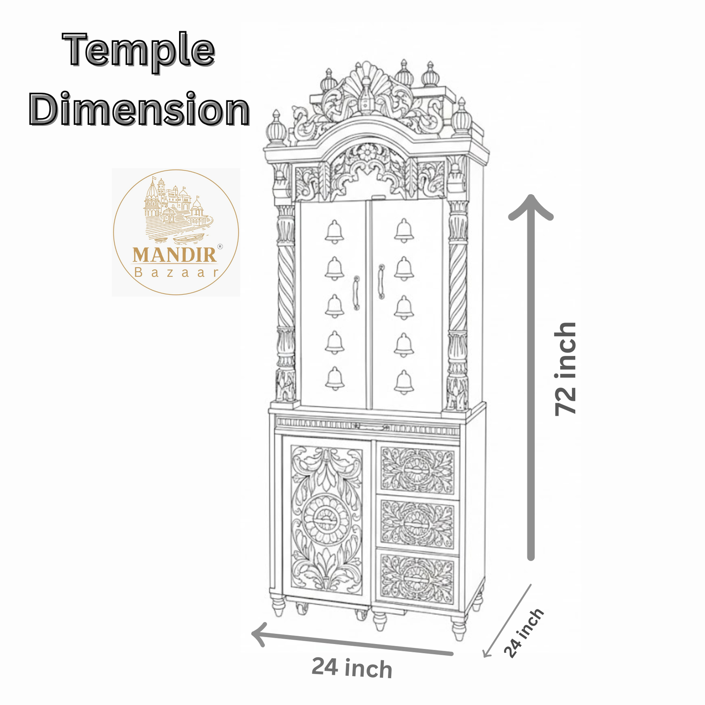 Luxury Handcrafted Wooden Pooja Mandir with Brass Bells & Storage | Solid Teak Wood Temple for Home | Traditional Hindu Temple Cabinet | Walnut Brown Finish