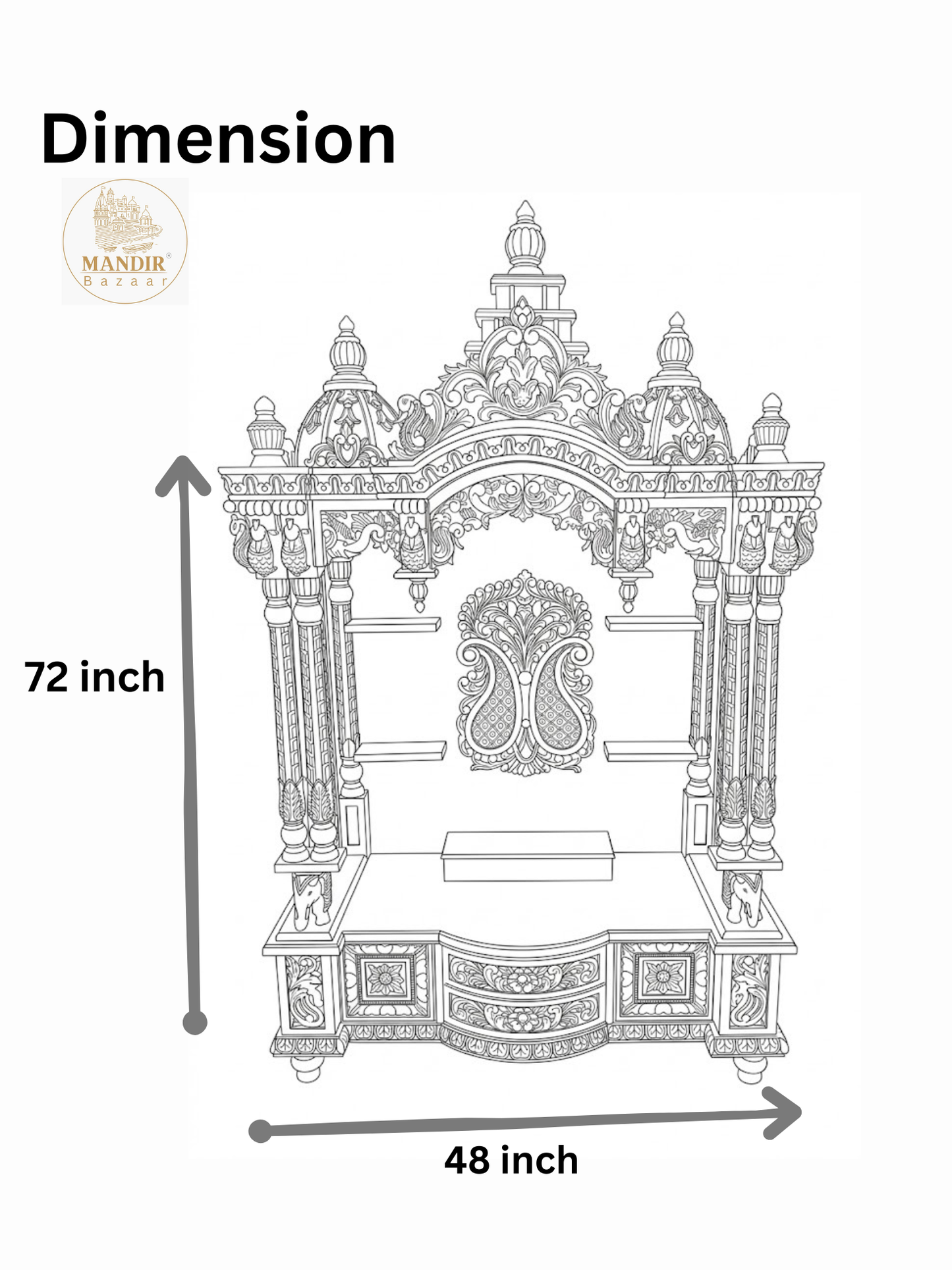 Hand Carved Wooden Pooja Mandir for Home with Peacock Design | Luxury Solid Wood Temple with Drawer & Side Shelves | Hindu Home Temple