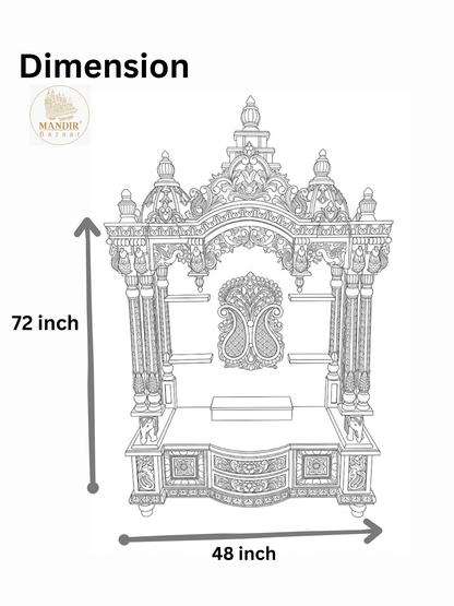 Hand Carved Wooden Pooja Mandir for Home with Peacock Design | Luxury Solid Wood Temple with Drawer & Side Shelves | Hindu Home Temple
