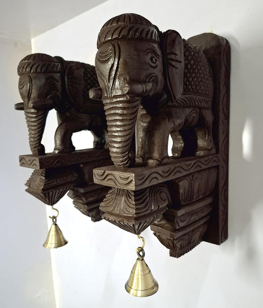 Wooden Wall Bracket Elephant Pair 12 inches, Brass Bells