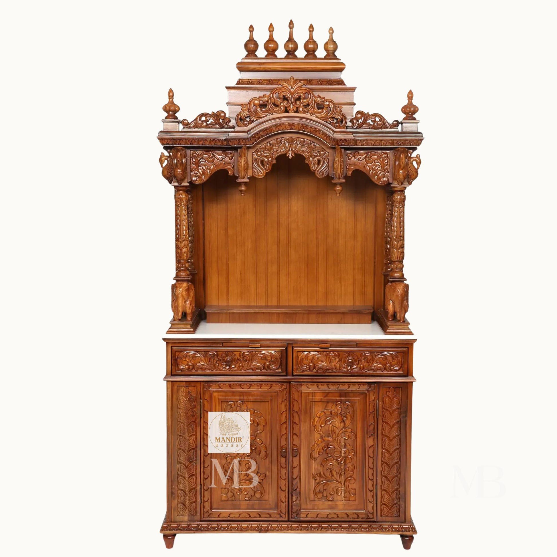 87 inch large designer wooden pooja mandir with carved pillars drawers and marble base
