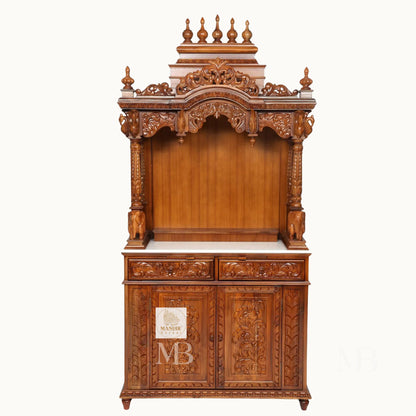 87 inch large designer wooden pooja mandir with carved pillars drawers and marble base
