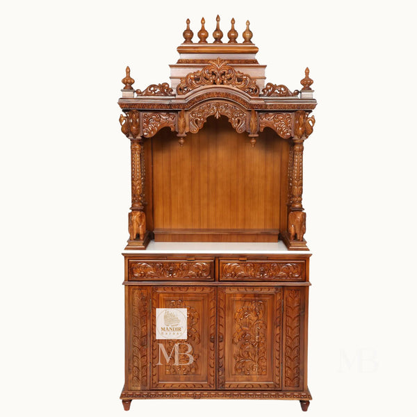 87 inch large designer wooden pooja mandir with carved pillars drawers and marble base