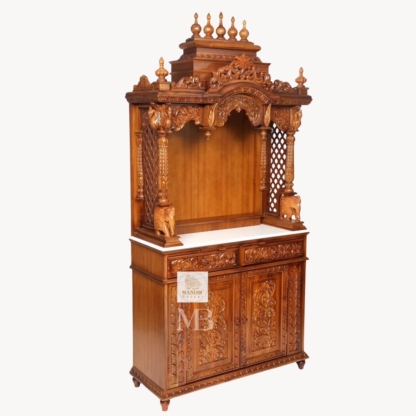 87 inch large designer wooden pooja mandir with carved pillars drawers and marble base