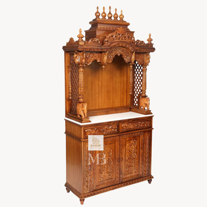 87 inch large designer wooden pooja mandir with carved pillars drawers and marble base