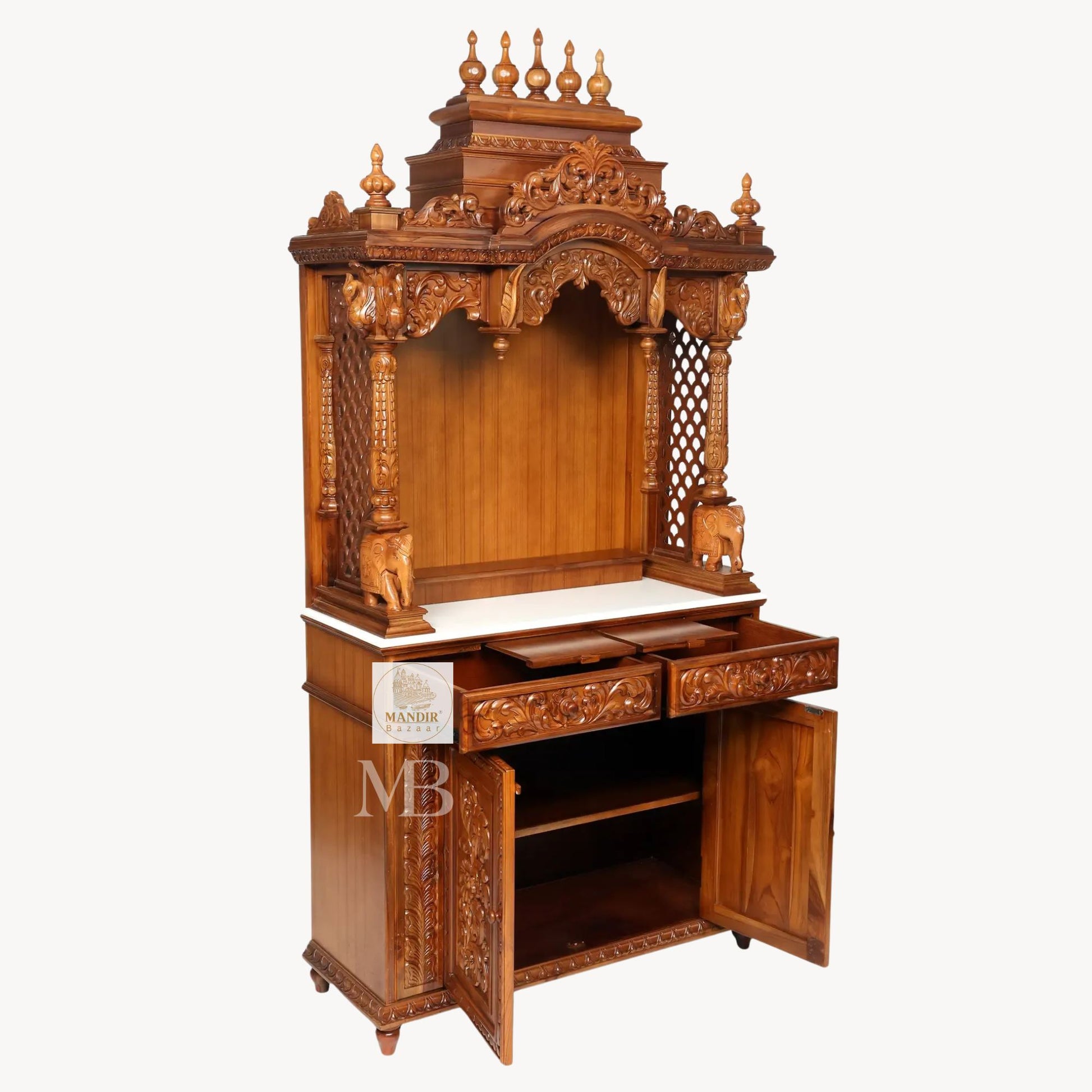 87 inch large designer wooden pooja mandir with carved pillars drawers and marble base
