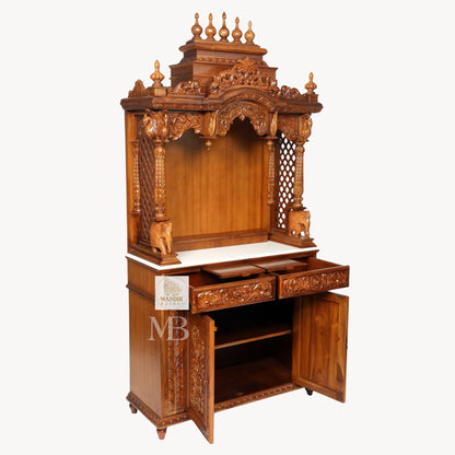 87 inch large designer wooden pooja mandir with carved pillars drawers and marble base