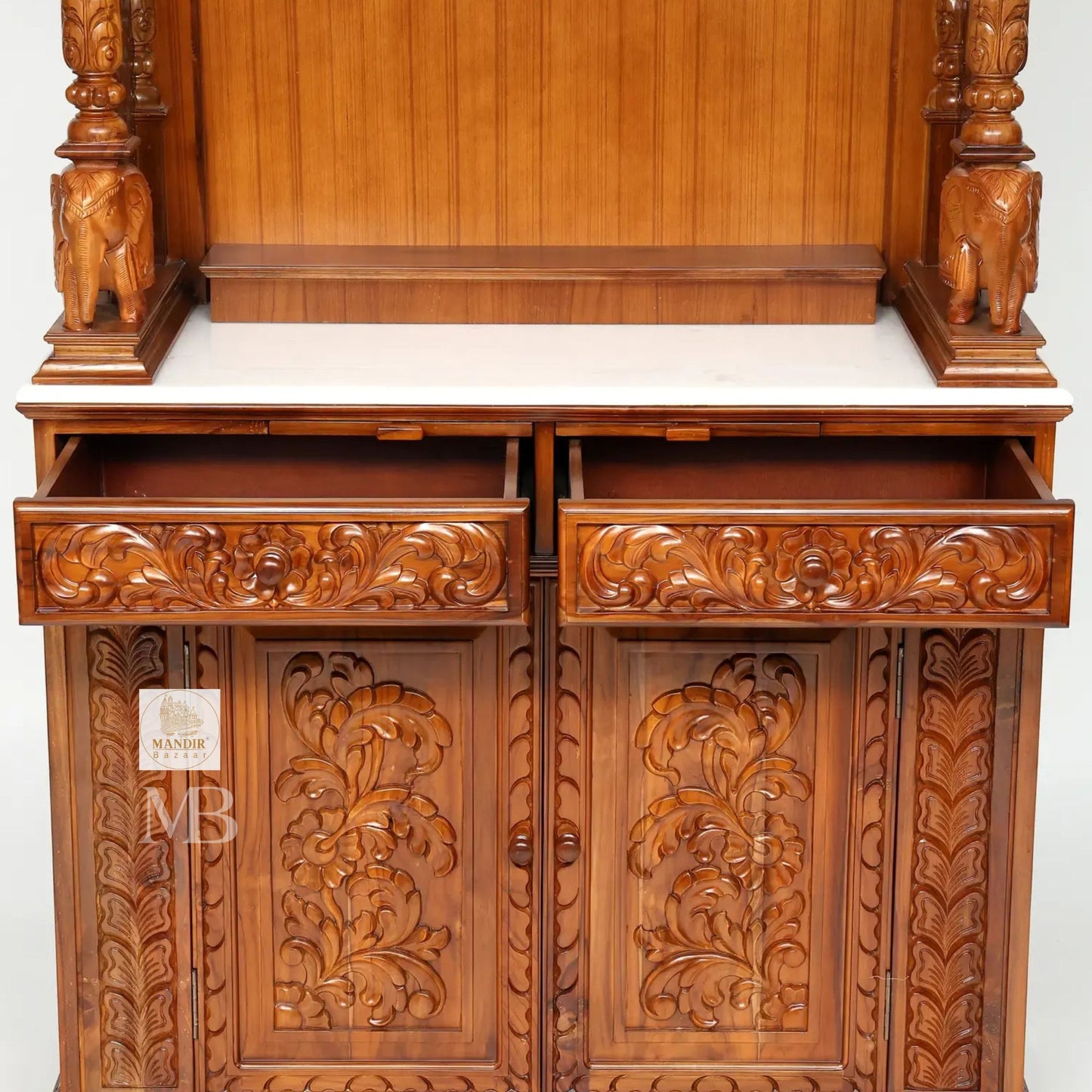87 inch large designer wooden pooja mandir with carved pillars drawers and marble base