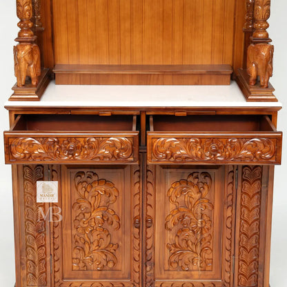 87 inch large designer wooden pooja mandir with carved pillars drawers and marble base