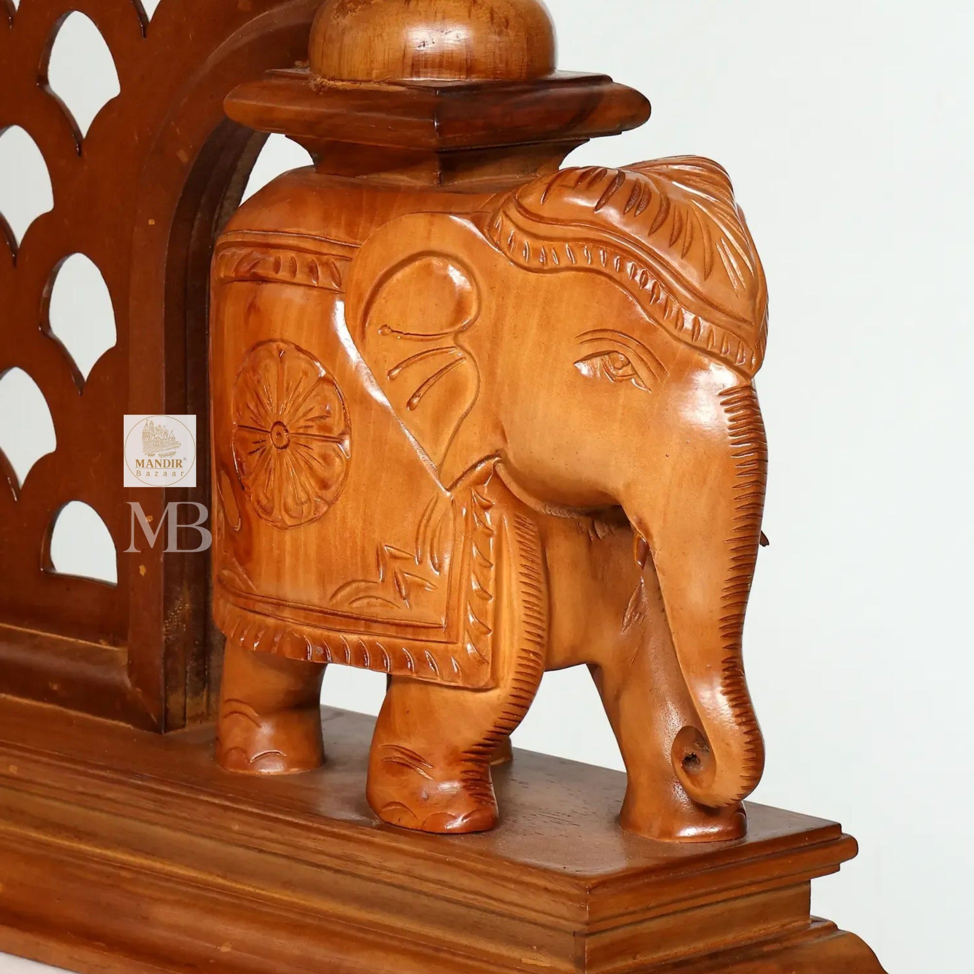 87 inch large designer wooden pooja mandir with carved pillars drawers and marble base
