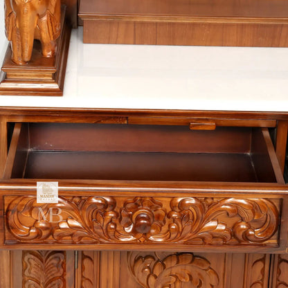 87 inch large designer wooden pooja mandir with carved pillars drawers and marble base