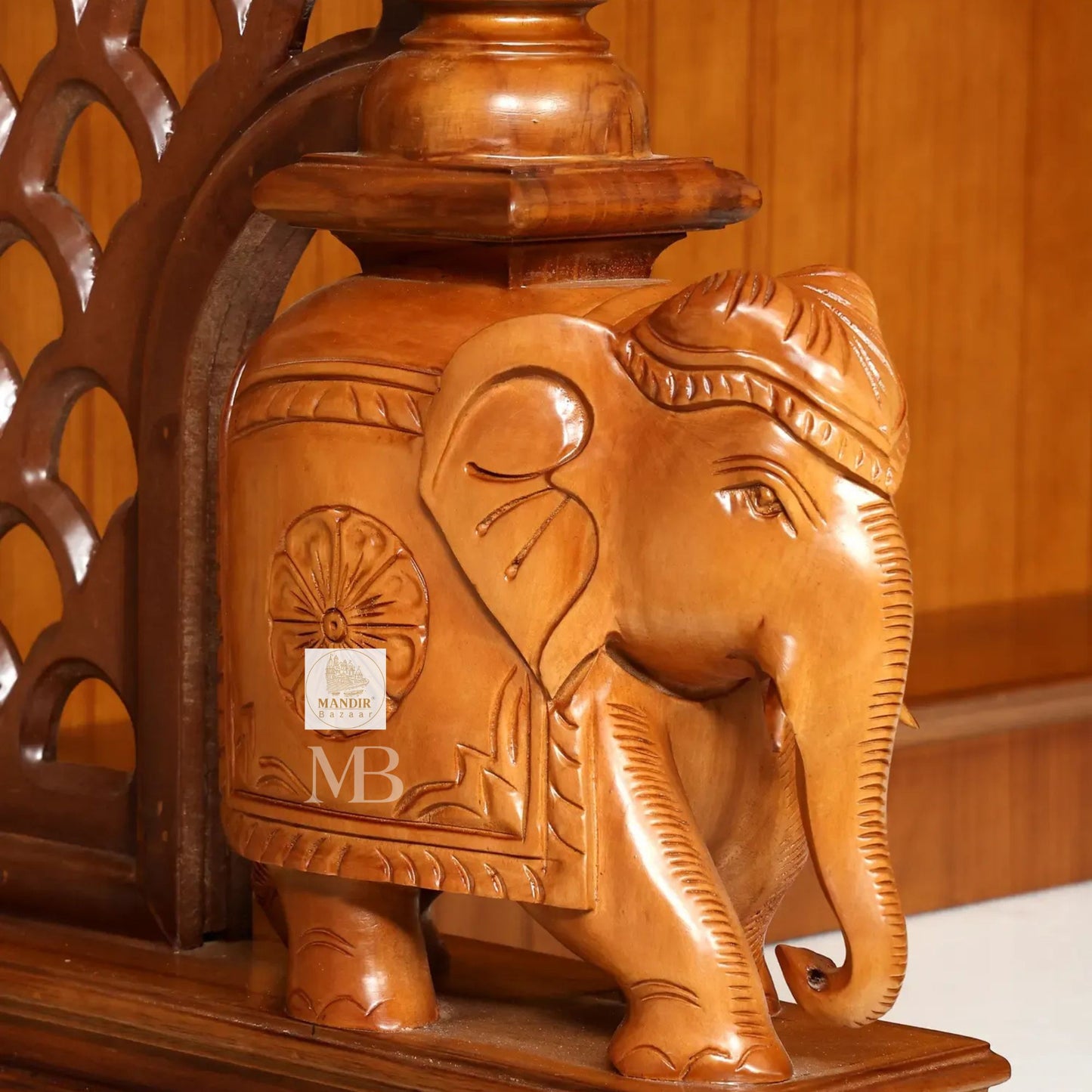 87 inch large designer wooden pooja mandir with carved pillars drawers and marble base
