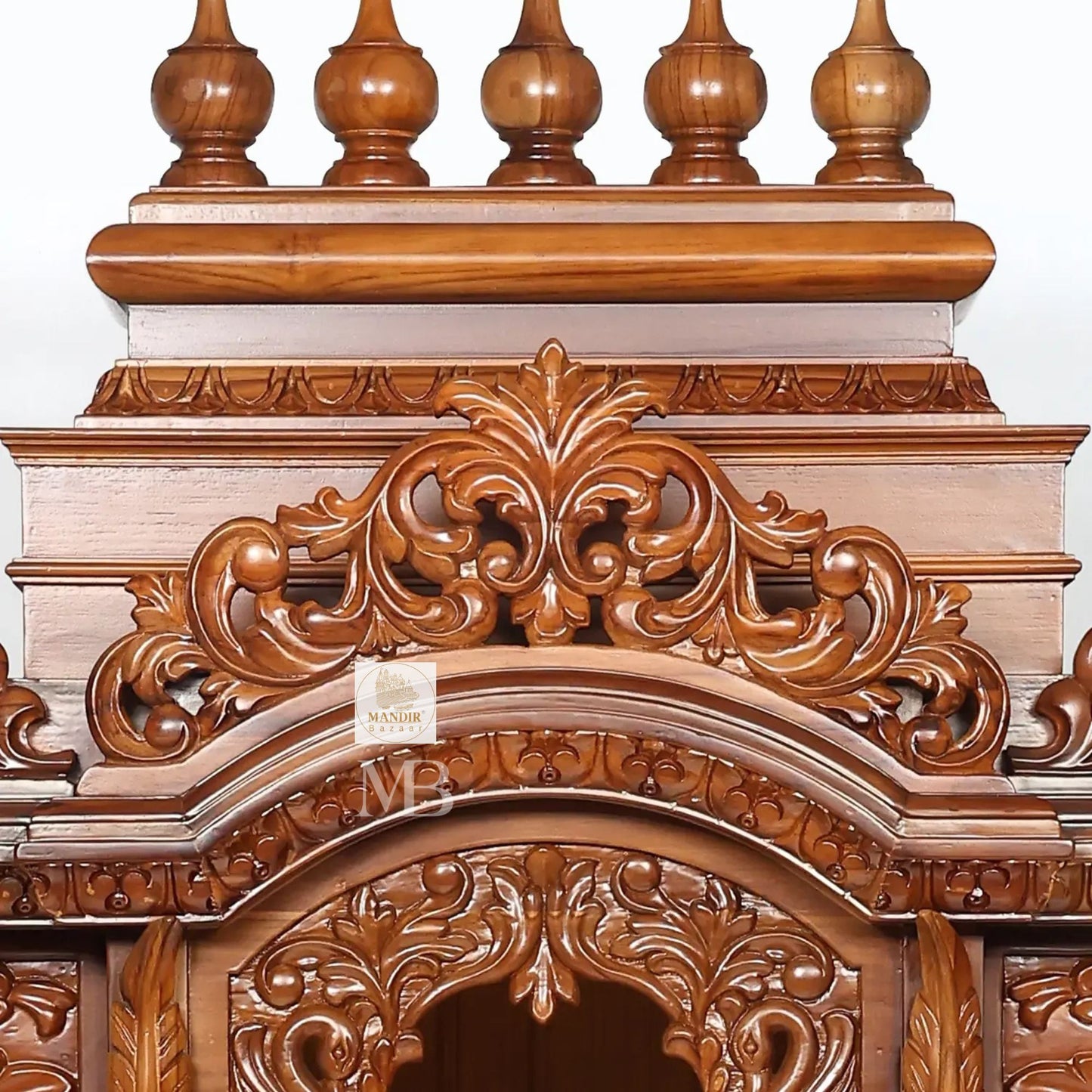 87 inch large designer wooden pooja mandir with carved pillars drawers and marble base