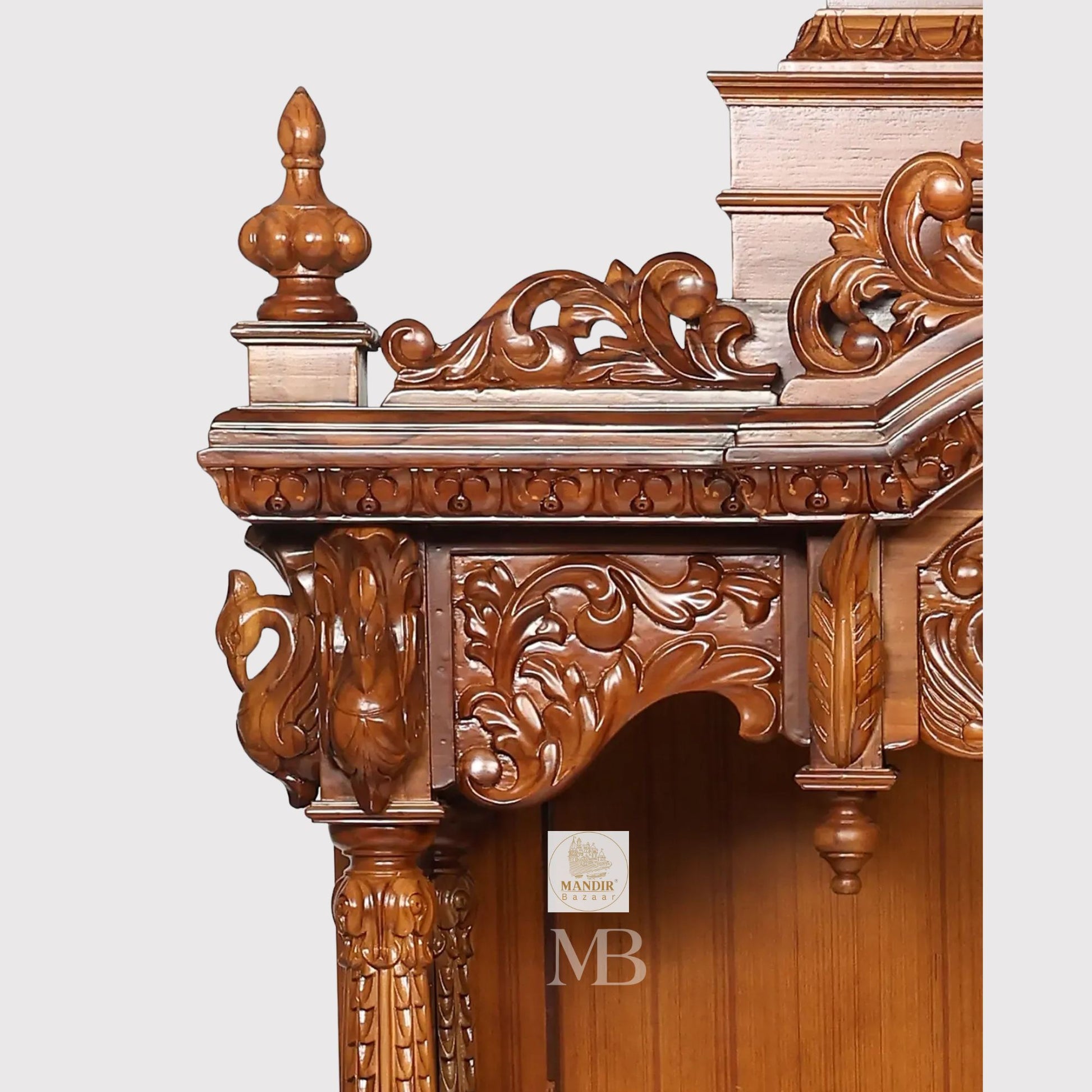 87 inch large designer wooden pooja mandir with carved pillars drawers and marble base