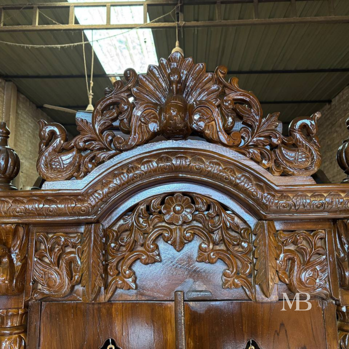 Luxury Handcrafted Wooden Pooja Mandir with Brass Bells & Storage | Solid Teak Wood Temple for Home | Traditional Hindu Temple Cabinet | Walnut Brown Finish