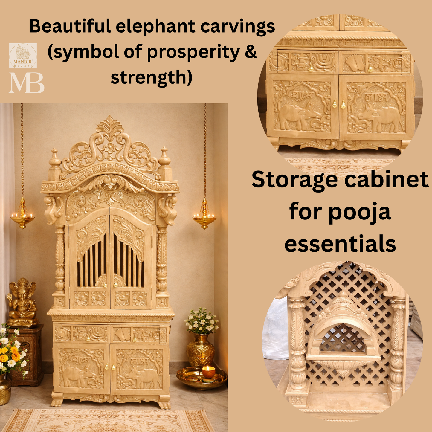 Luxury Hand Carved Wooden Pooja Mandir with Doors & Storage Cabinet | Solid Teak Wood Temple for Home | Premium Floor Standing Hindu Mandir | Mandir Bazaar