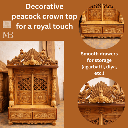 Handcrafted Wooden Pooja Mandir with Peacock Crown | Solid Teak Wood Temple for Home | Traditional Hindu Temple with Jali Doors & Storage Drawer | Natural Teak Finish
