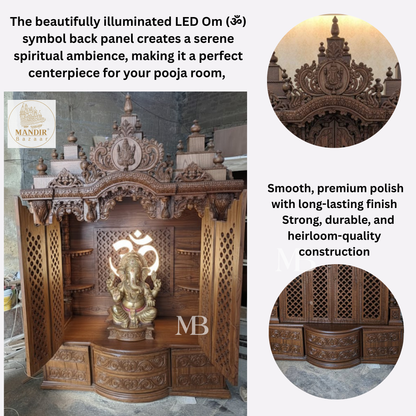 Luxury Handcrafted Wooden Pooja Mandir with OM LED Panel | Solid Teak Wood Temple for Home | Designer Hindu Temple with Side Jali Doors & Storage | Walnut Brown Finish