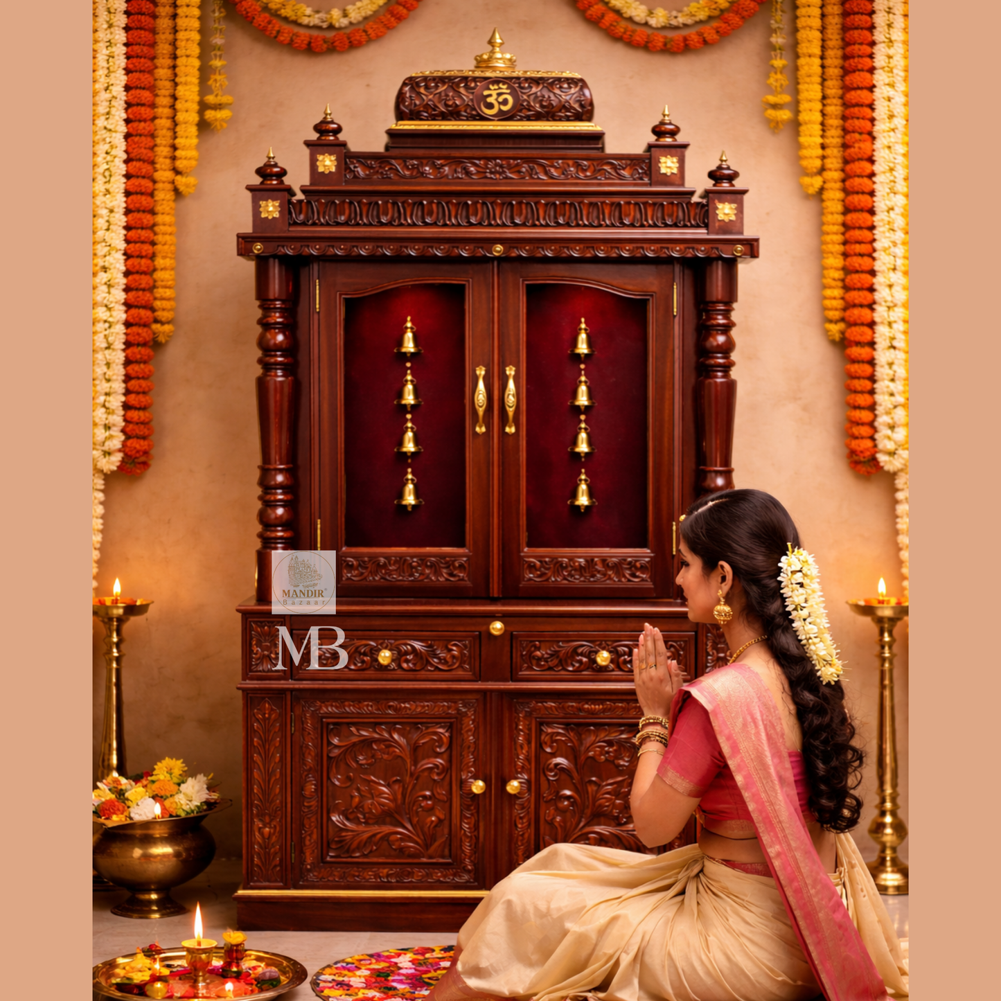 Luxury Wooden Pooja Mandir with Doors & Storage Cabinet | Solid Teak Wood Home Temple | Handcrafted Hindu Prayer Mandir