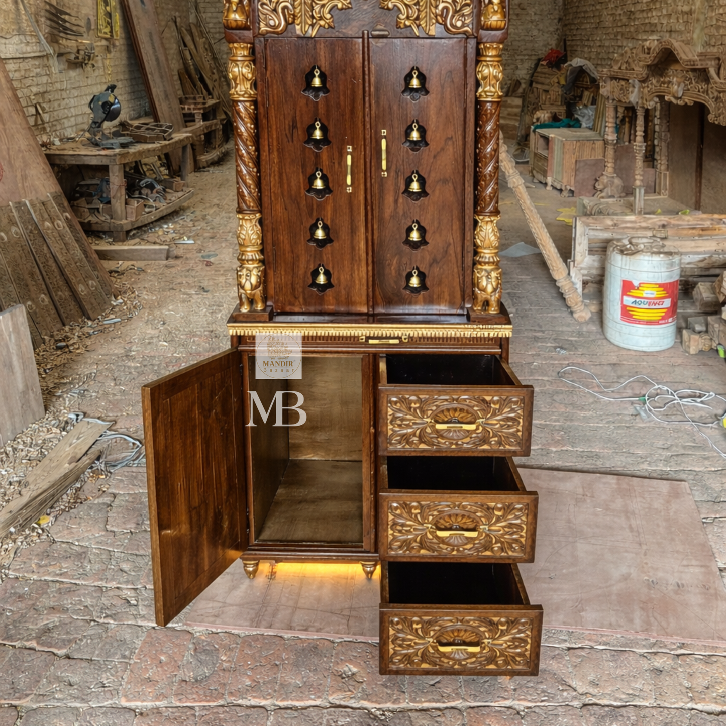 Luxury Wooden Pooja Mandir with Doors, Side Jaali & Storage Drawers | Handcrafted Solid Teak Wood Home Temple | Traditional Hindu Mandir