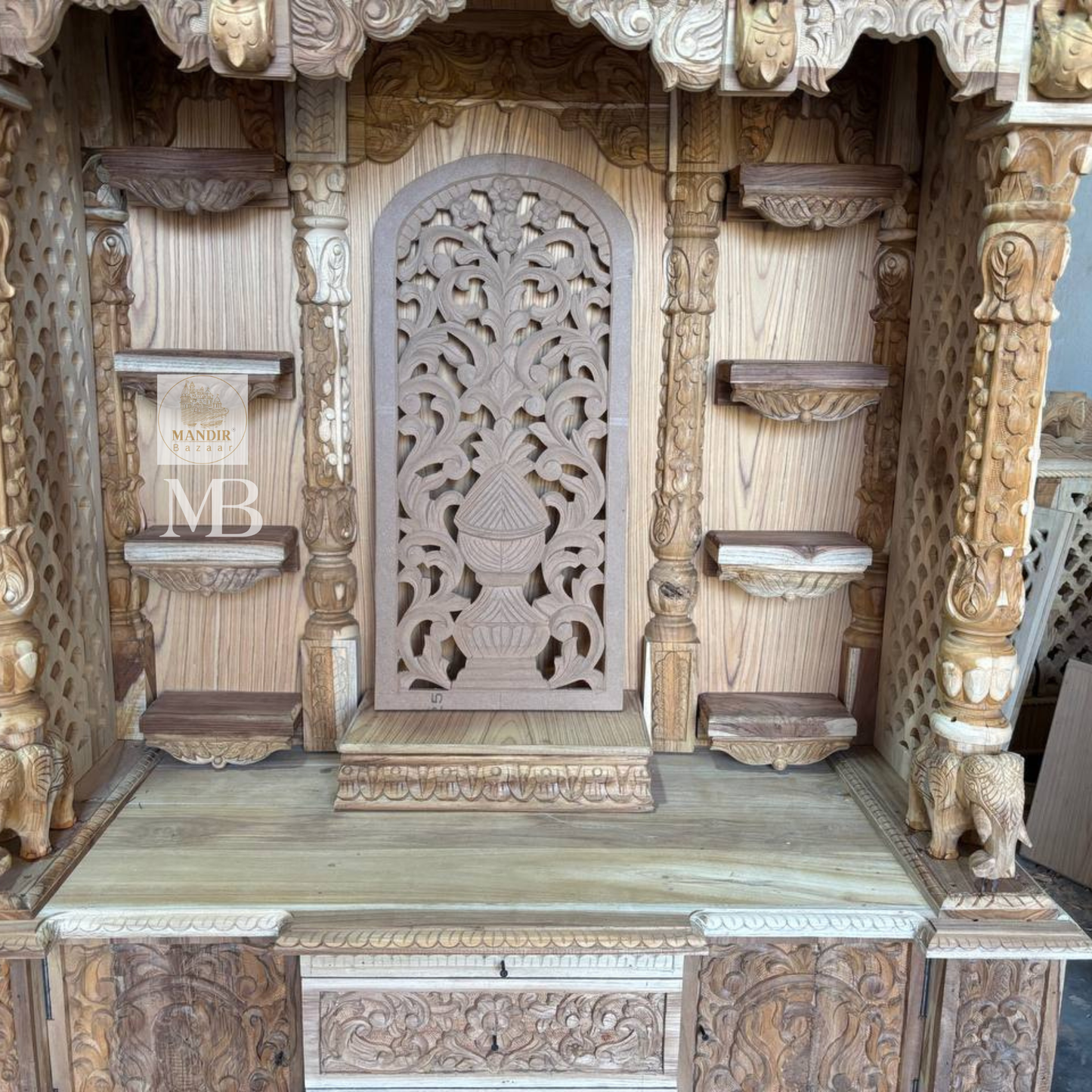 Luxury Hand Carved Wooden Pooja Mandir with Storage | Solid Teak Wood Home Temple | Traditional Hindu Prayer Cabinet