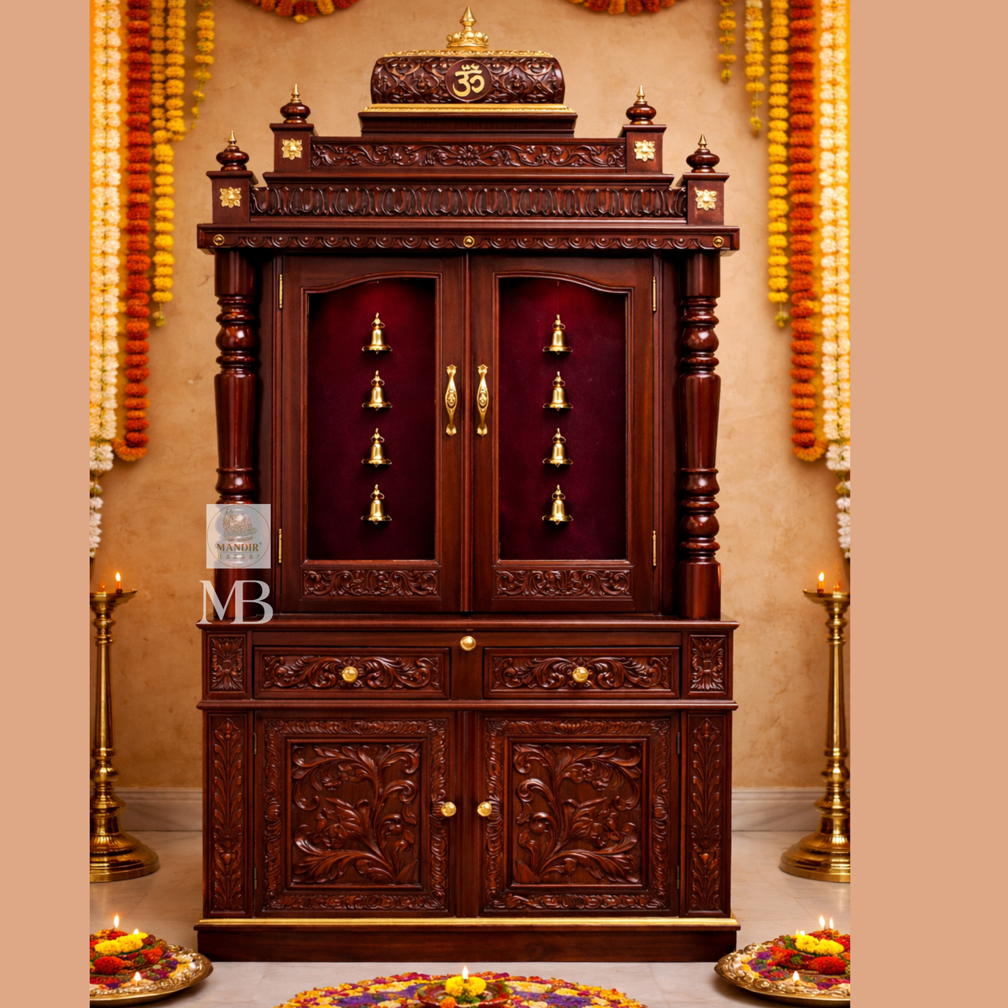 Luxury Wooden Pooja Mandir with Doors & Storage Cabinet | Solid Teak Wood Home Temple | Handcrafted Hindu Prayer Mandir