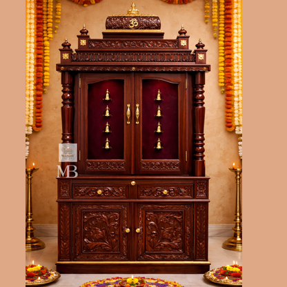 Luxury Wooden Pooja Mandir with Doors & Storage Cabinet | Solid Teak Wood Home Temple | Handcrafted Hindu Prayer Mandir