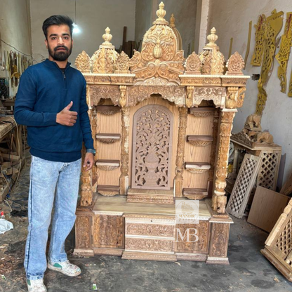 Luxury Hand Carved Wooden Pooja Mandir with Storage | Solid Teak Wood Home Temple | Traditional Hindu Prayer Cabinet