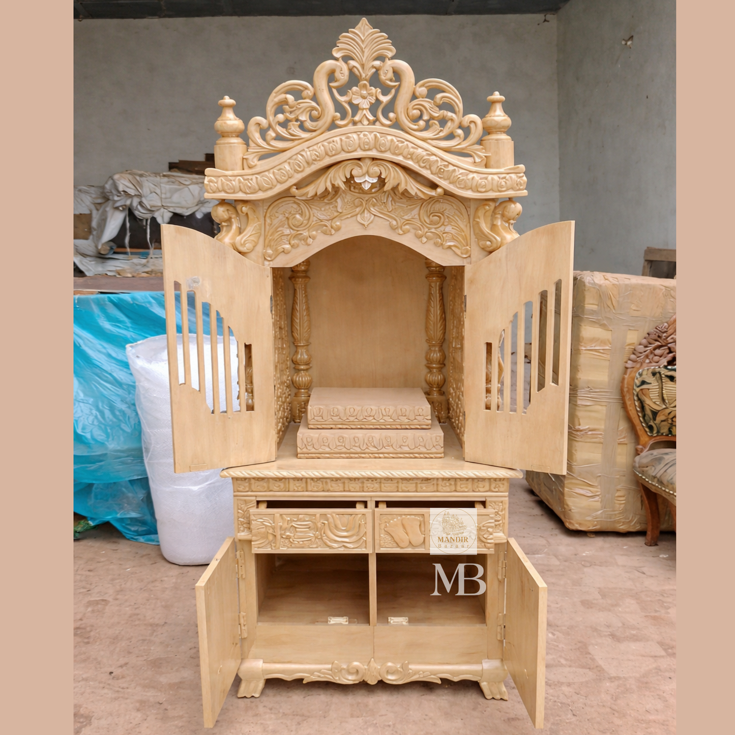 Luxury Hand Carved Wooden Pooja Mandir with Doors & Storage Cabinet | Solid Teak Wood Temple for Home | Premium Floor Standing Hindu Mandir | Mandir Bazaar