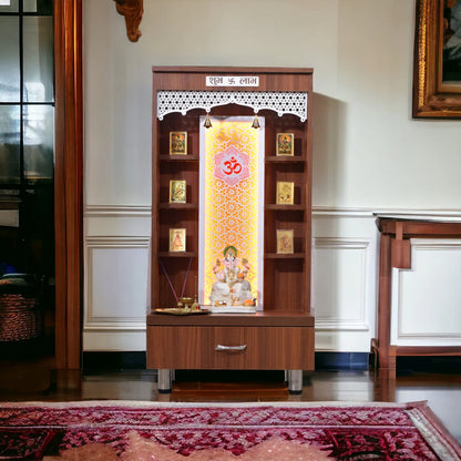 Wooden Mandir 4Ft Height with Floating Shelves and Drawer Storage in Walnut Brown Color with LED Lights