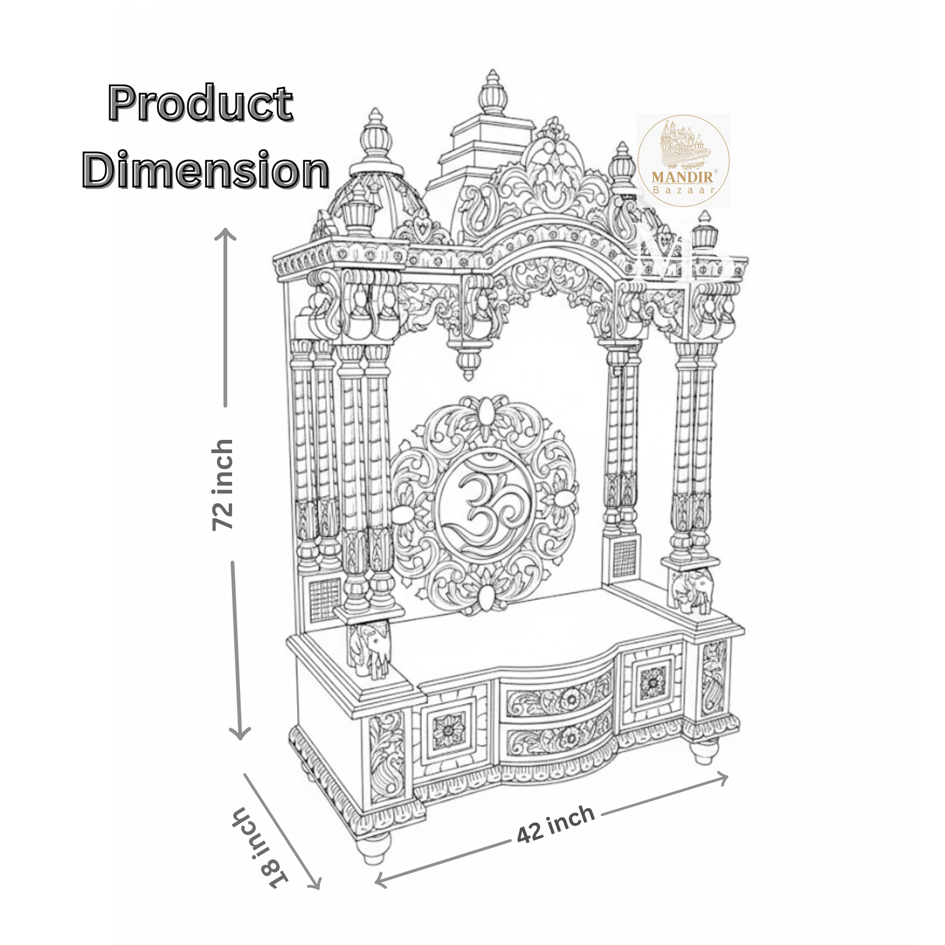 White and gold hand carved wooden mandir for home with Om design and storage cabinet
