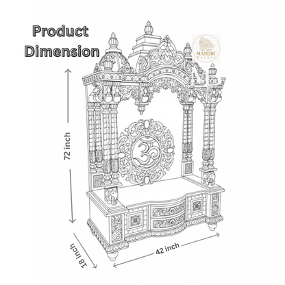 White and gold hand carved wooden mandir for home with Om design and storage cabinet