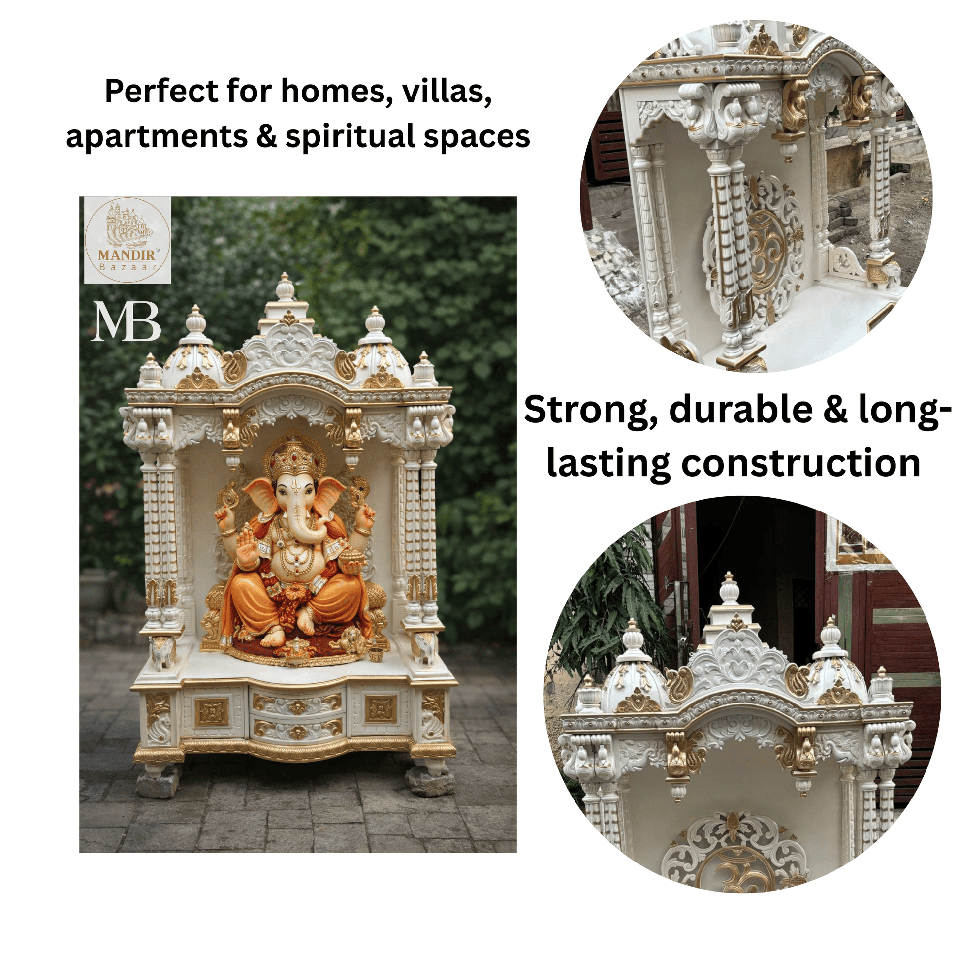 White and gold hand carved wooden mandir for home with Om design and storage cabinet