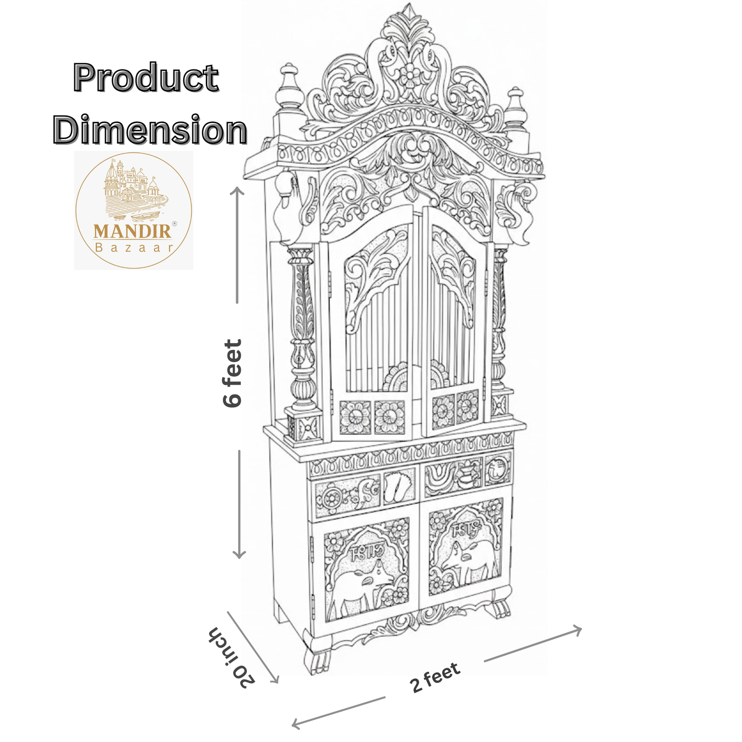 Hand Carved Wooden Mandir for Home | 6 Feet Enclosed Pooja Temple with Doors & Storage | Traditional Hindu Home Temple