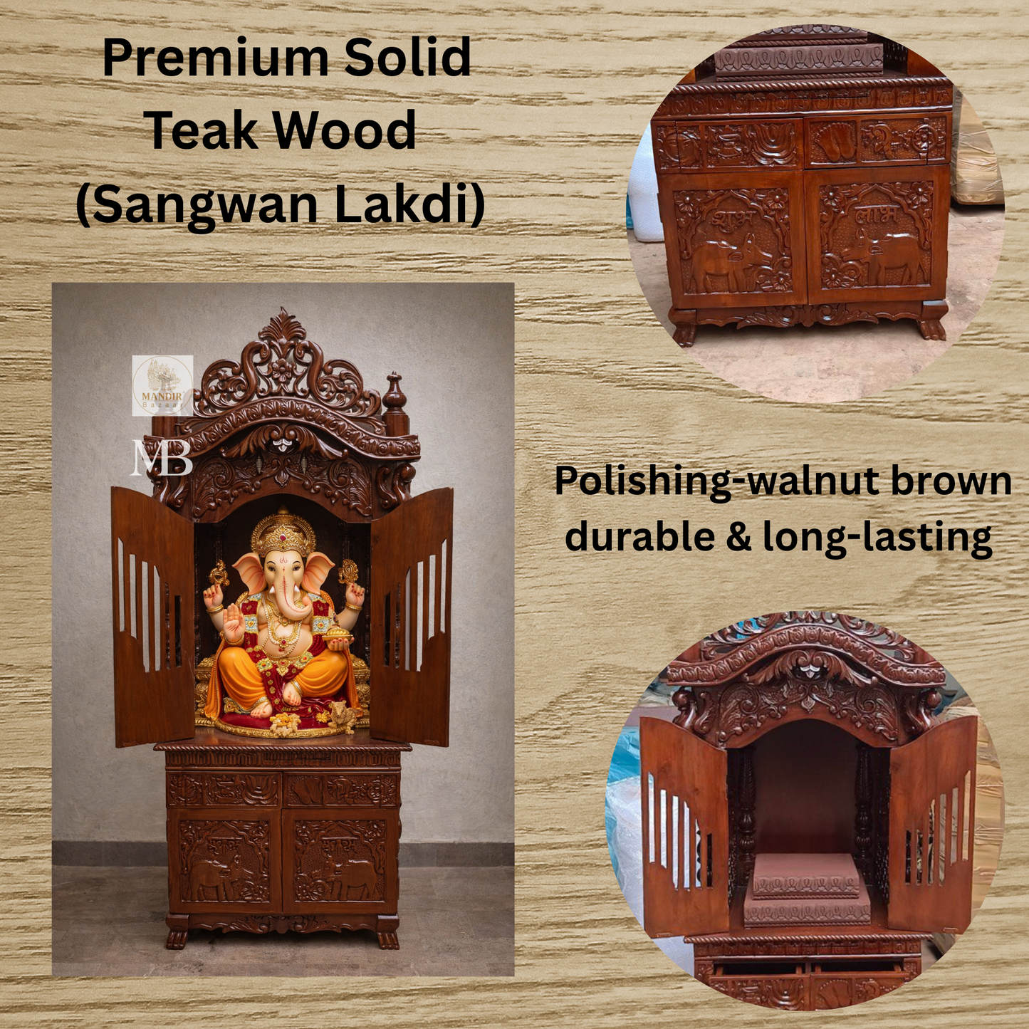Hand Carved Wooden Mandir for Home | 6 Feet Enclosed Pooja Temple with Doors & Storage | Traditional Hindu Home Temple