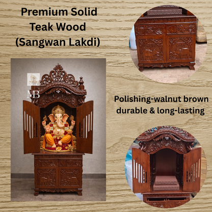 Hand Carved Wooden Mandir for Home | 6 Feet Enclosed Pooja Temple with Doors & Storage | Traditional Hindu Home Temple