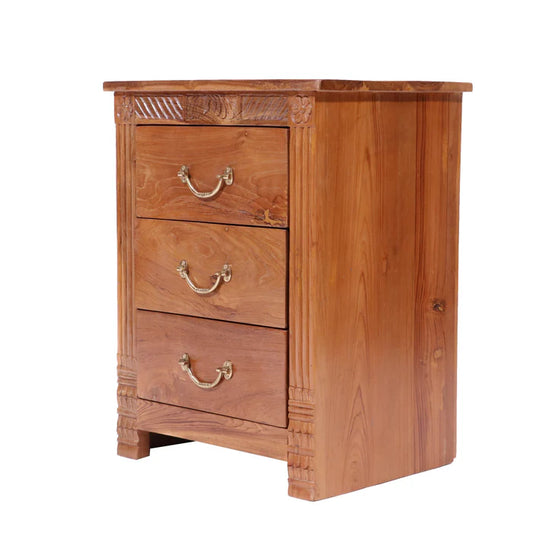 Folk concept Carved teak wood 3 drawer bedside