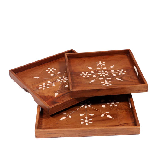 Majestic Style Inlay Handmade Wooden Tray - Set of 3