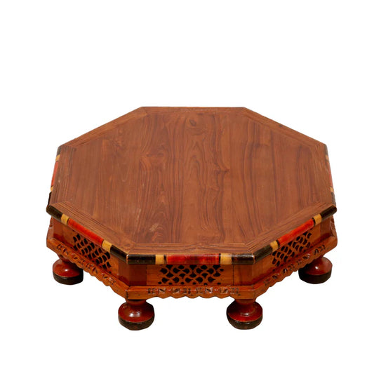 Hexagonal Intricate Carved Panted TEAK Wood Bajot