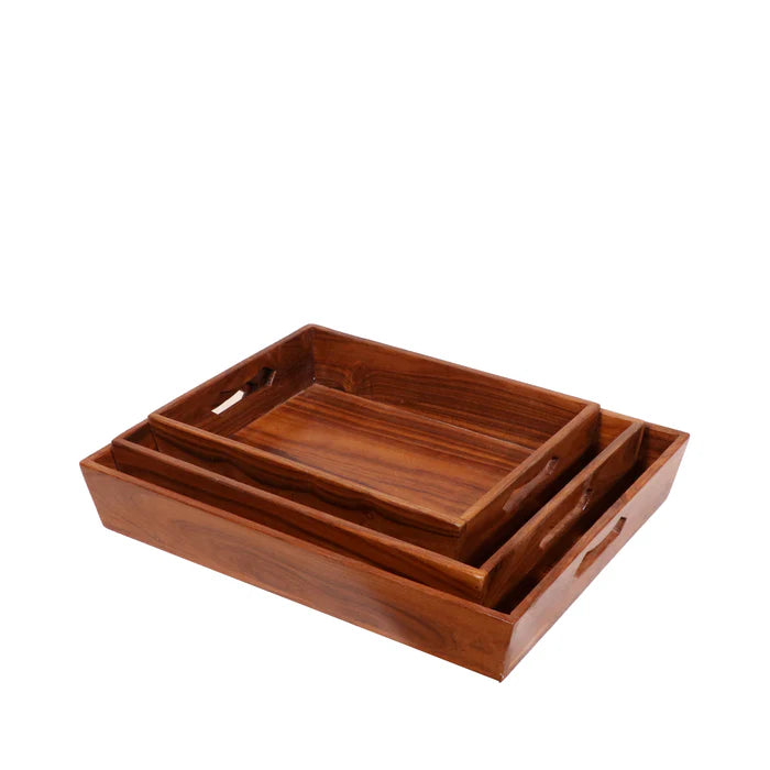 Glorious Natural Finish Wooden Handmade Tray - Set of 3