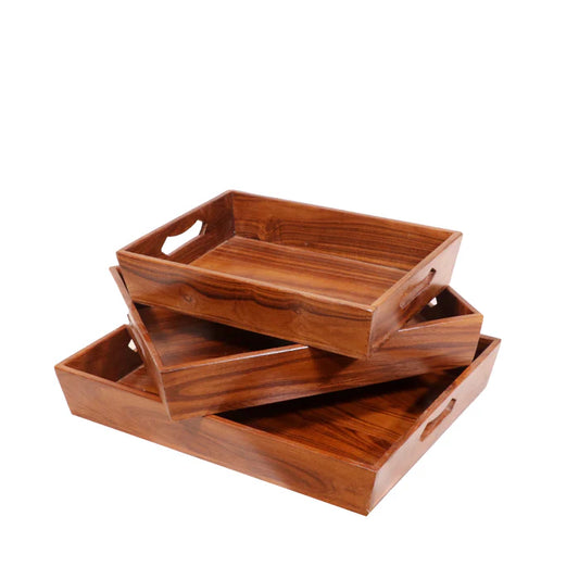 Glorious Natural Finish Wooden Handmade Tray - Set of 3