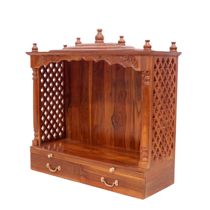 Solid teak wide Jali temple with 2 Drawers & 2 Tray SKU: P-2597