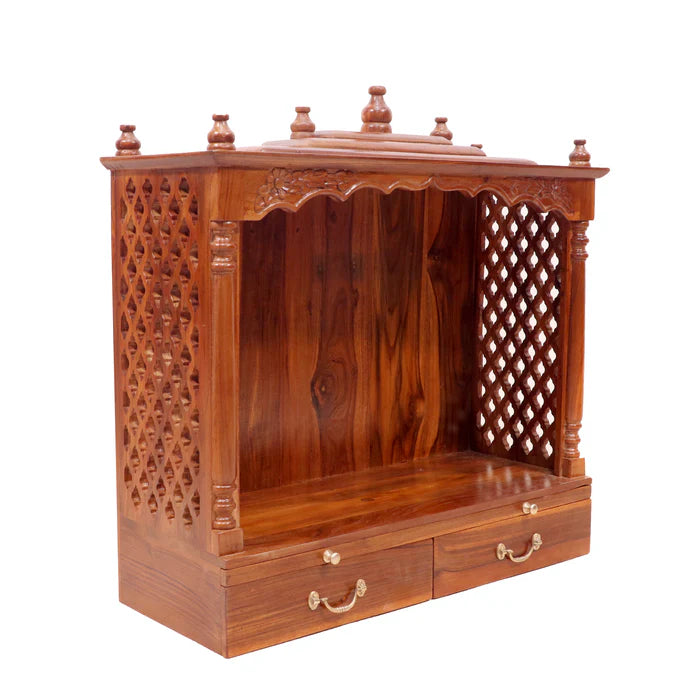 Solid teak wide Jali temple with 2 Drawers & 2 Tray SKU: P-2597