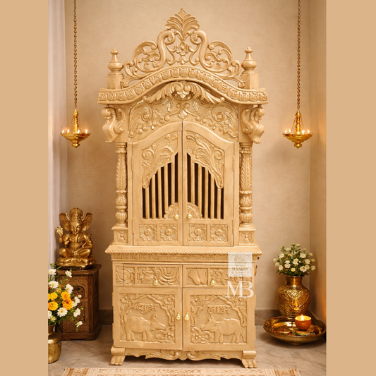Luxury Hand Carved Wooden Pooja Mandir with Storage Cabinet