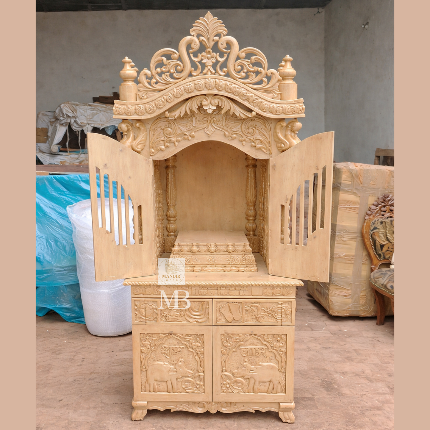 Front View of Solid Teak Wooden Temple for Home