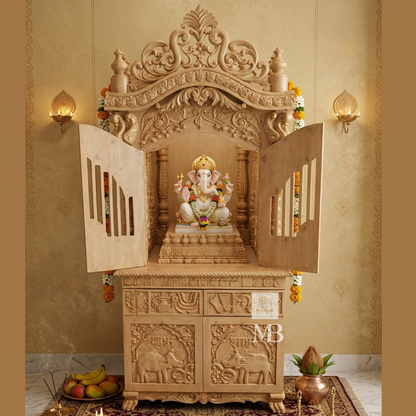 Wooden Mandir with Decorative Doors and Brass Bells